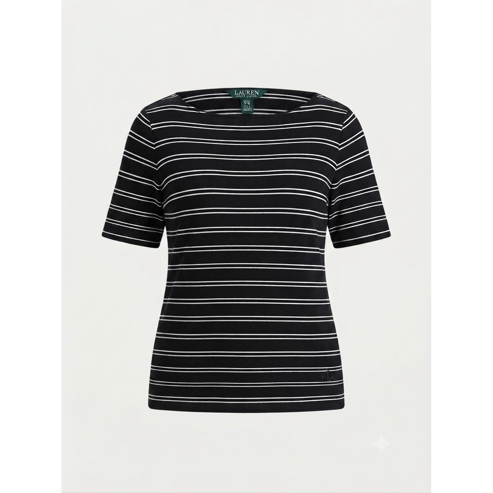 Lauren Ralph‎ Lauren Striped Boat Neck Short Sleeve Top Black White XXL A9-AE